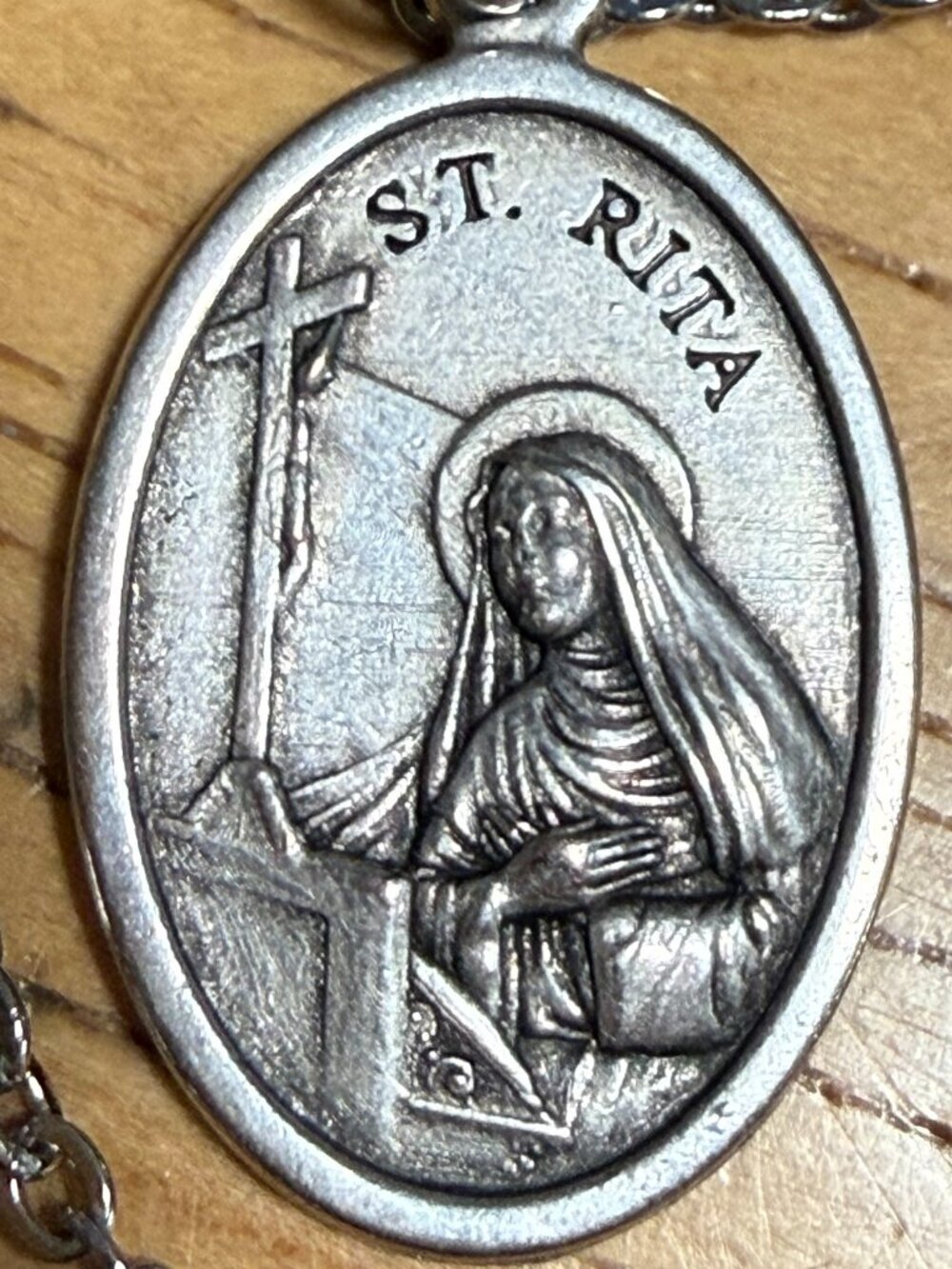 Vintage Saint St Rita Italy Rose Silver Tone Religious Medal Neck